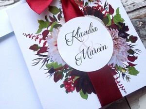 Zaproszenie wianek dalia marsala bordowy AW-023