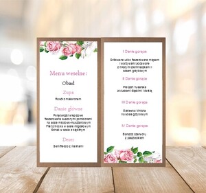 Menu weselne eko pudrowe róże białe pióra AW-ME07