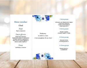 Menu weselne chabrowe kwaity pawie pióra wianek AW-MW07