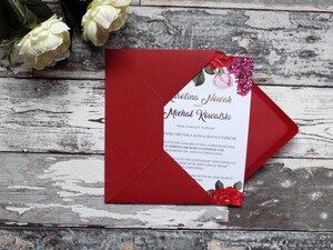 Zaproszenia ślubne złocone Czerwona Róża i Bez