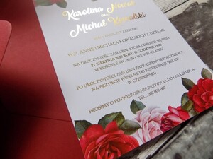 Zaproszenia ślubne złocone Czerwona Róża i Bez