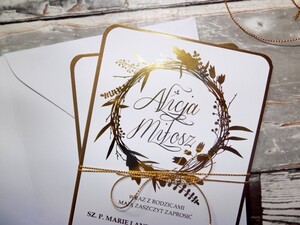 Zaproszenia ślubne złocone Roślinny Wianek