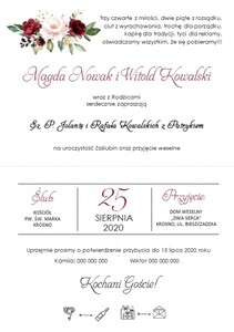 Zaproszenia ślubne minimalistyczne Bordowe Kwiaty