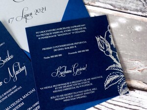 Zaproszenia granatowo-srebrne róża AW-ZSR1