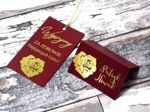 Złocone winietki ślubne Bordowa Róża