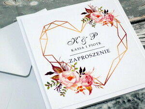 Zaproszenia geometryczne serce - łososiowe kwiaty AW-GSŁ