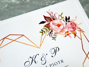 Zaproszenia geometryczne serce - łososiowe kwiaty AW-GSŁ