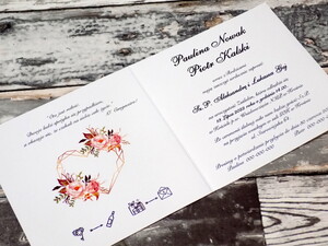 Zaproszenia geometryczne serce - łososiowe kwiaty AW-GSŁ