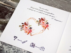 Zaproszenia geometryczne serce - łososiowe kwiaty AW-GSŁ