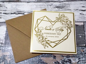 Zaproszenia ślubne złocone Geometryczne Serce