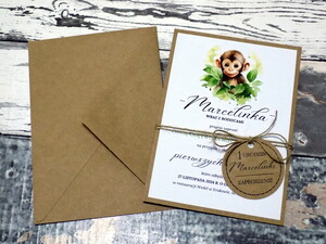 Zaproszenia urodzinowe ze zwierzątkami / safari / małpka