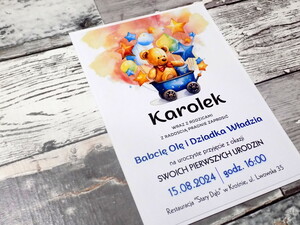 Zaproszenie urodzinowe / na urodziny / roczek / kolorowy miś