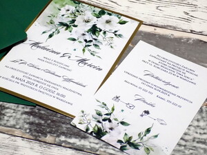 Dwukaratkowe zaproszenia ślubne białe kwiaty AW-Z12